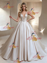 Ivory Satin V-neck Beading Wedding Dress