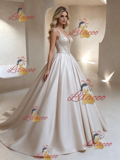 Ivory Satin V-neck Beading Wedding Dress