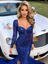 Blue Mermaid Sequins Long Sleeve Prom Dress