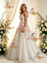 Beige White Tulle Lace One Shoulder Appliques Wedding Dress