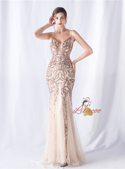 Mermaid Sequins Tulle Spaghetti Straps Prom Dress