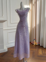 Purple Sequins Tulle Sleeveless Prom Dress