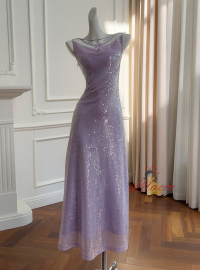 Purple Sequins Tulle Sleeveless Prom Dress