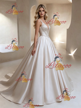 Ivory Satin V-neck Beading Wedding Dress