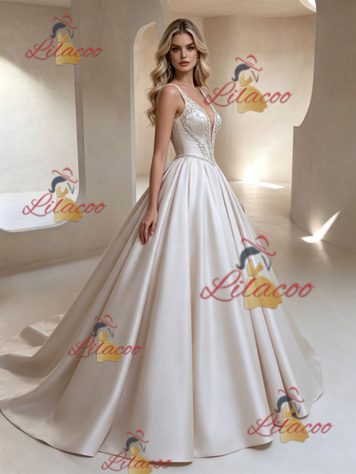 Ivory Satin V-neck Beading Wedding Dress