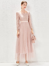 Long Sleeve Lace Pleated Gauze Dress