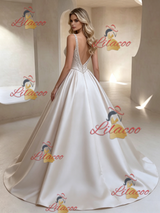 Ivory Satin V-neck Beading Wedding Dress