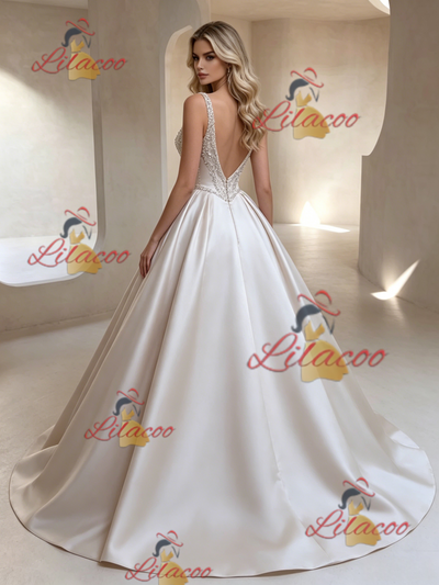 Ivory Satin V-neck Beading Wedding Dress