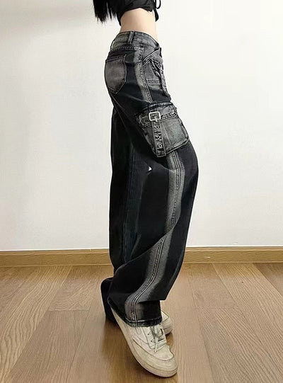 Loose Straight Tie-dyed Metal Button Pocket Jeans