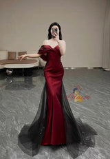 Black Mermaid Sequins Tulle Bow Prom Dress