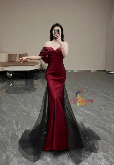 Black Mermaid Sequins Tulle Bow Prom Dress