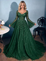 Green Long Sleeve Square Neck Prom Dress