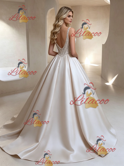 Ivory Satin V-neck Beading Wedding Dress