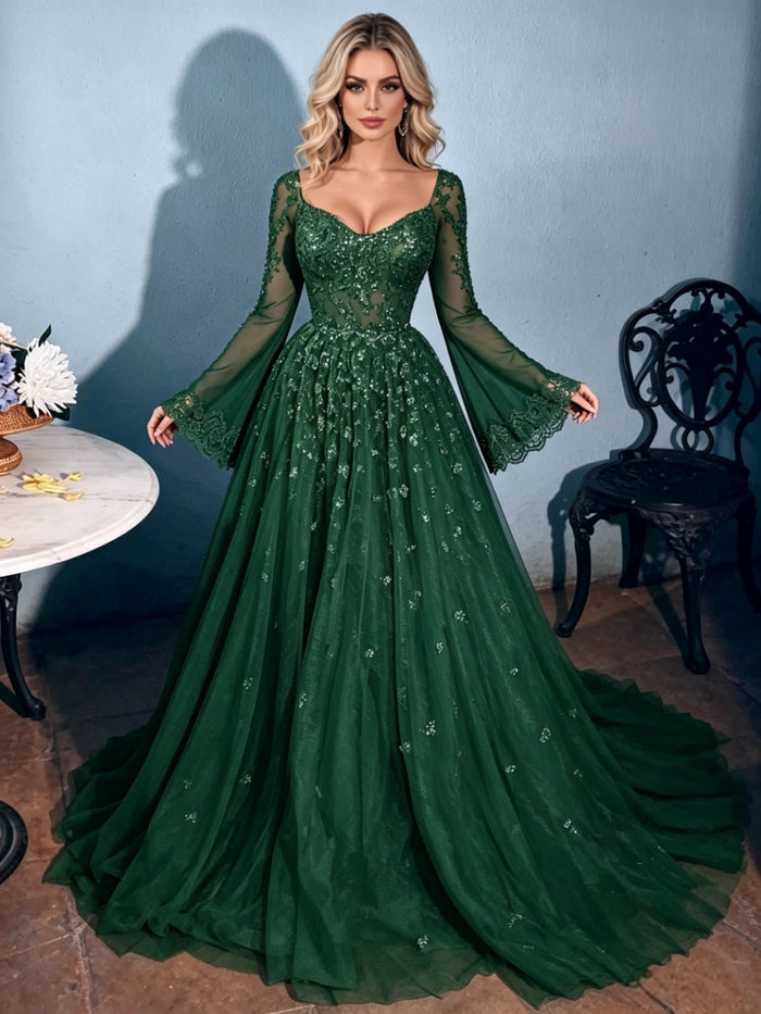 Green Long Sleeve Square Neck Prom Dress