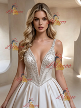 Ivory Satin V-neck Beading Wedding Dress