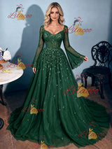 Green Long Sleeve Square Neck Prom Dress