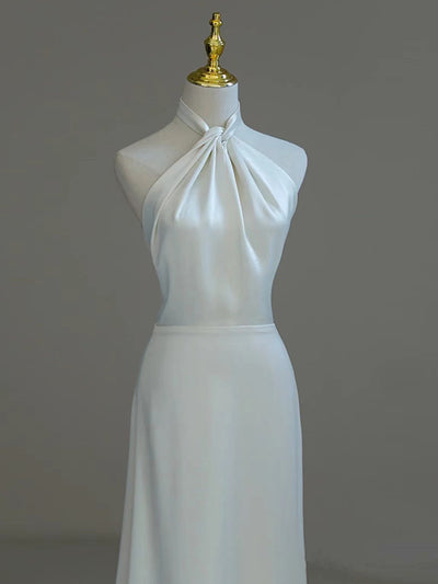 White Satin Halter Backless Wedding Dress