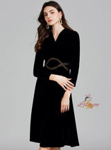 Long Sleeve Chain Beaded Velvet Dress