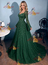 Green Long Sleeve Square Neck Prom Dress