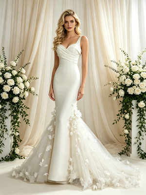 Ivory Mermaud Tulle Straps Flower Wedding Dress