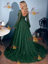 Green Long Sleeve Square Neck Prom Dress