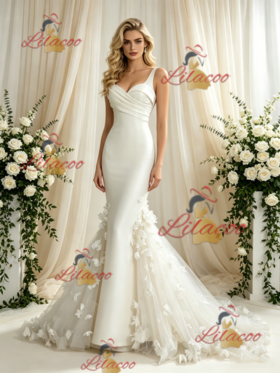 Ivory Mermaud Tulle Straps Flower Wedding Dress