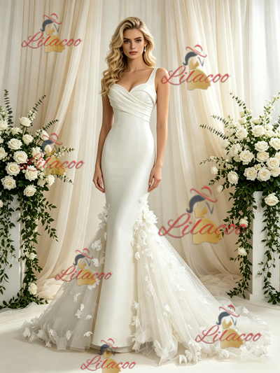 Ivory Mermaud Tulle Straps Flower Wedding Dress