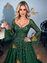 Green Long Sleeve Square Neck Prom Dress