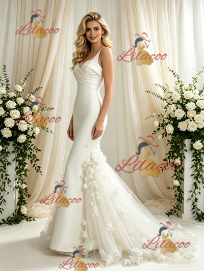 Ivory Mermaud Tulle Straps Flower Wedding Dress