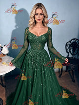 Green Long Sleeve Square Neck Prom Dress