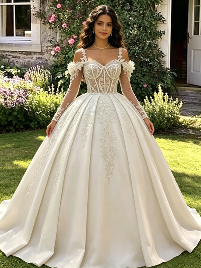 Ivory Long Sleeve Straps Appliques Quinceanera Dress