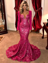 Fuchsia Mermaid Sequins Long Sleeve Prom Dress