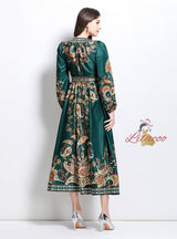 Retro Palace Printed V-neck Lantern Long Sleeve Dress