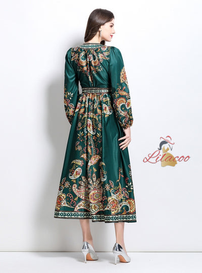 Retro Palace Printed V-neck Lantern Long Sleeve Dress