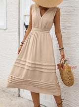 Solid Color Striped Sleeveless V-neck Elastic Waist Dress