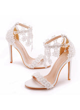 White Fringed Lace Stiletto Sandals Wedding Shoes