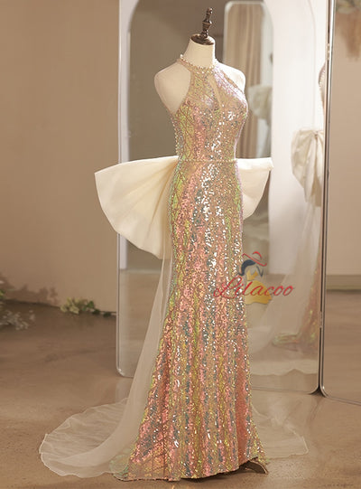 Gold Sequins Beading Backless Prom Dress