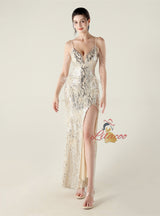 Mermaid Sequins Spaghetti Straps Feather Prom Dress