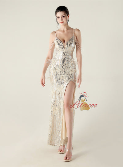 Mermaid Sequins Spaghetti Straps Feather Prom Dress