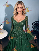 Green Long Sleeve Square Neck Prom Dress