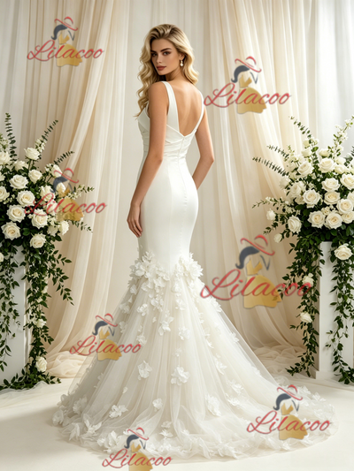 Ivory Mermaud Tulle Straps Flower Wedding Dress