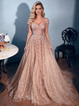 Champagne V-neck Cap Sleeve Prom Dress