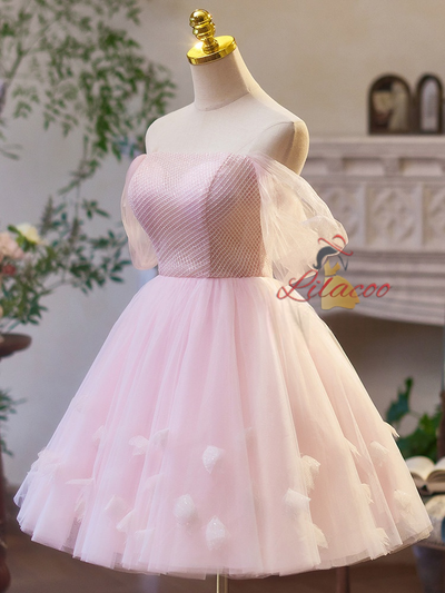 Pink Tulle Off the Shoulder Sequins Homecoming Dress