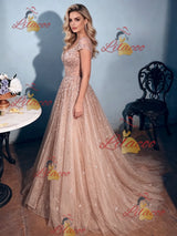 Champagne V-neck Cap Sleeve Prom Dress