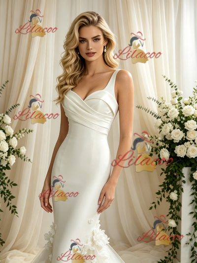 Ivory Mermaud Tulle Straps Flower Wedding Dress