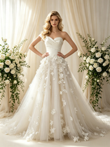 Beige White Tulle Strapless Flower Wedding Dress