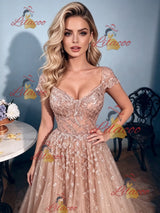 Champagne V-neck Cap Sleeve Prom Dress