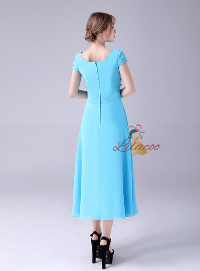 Blue Chiffon Pleats Beading Mother Of The Bride Dress