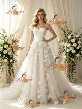 Beige White Tulle Strapless Flower Wedding Dress