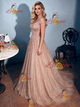 Champagne V-neck Cap Sleeve Prom Dress